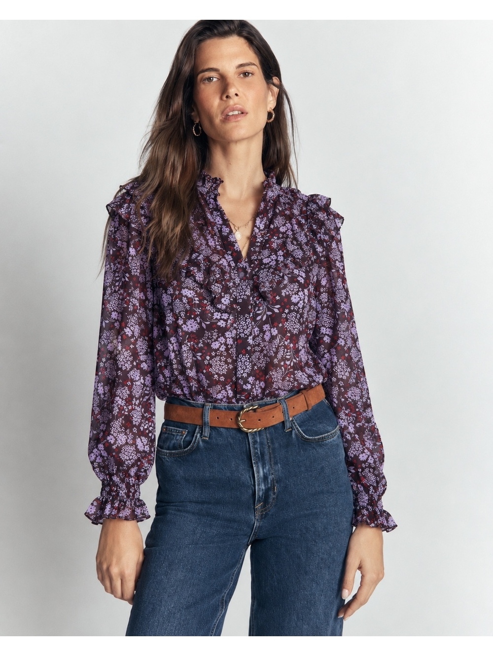 Boden Floral Ruffle Long Sleeve Blouse Purple Red Viscose Women’s Size 2